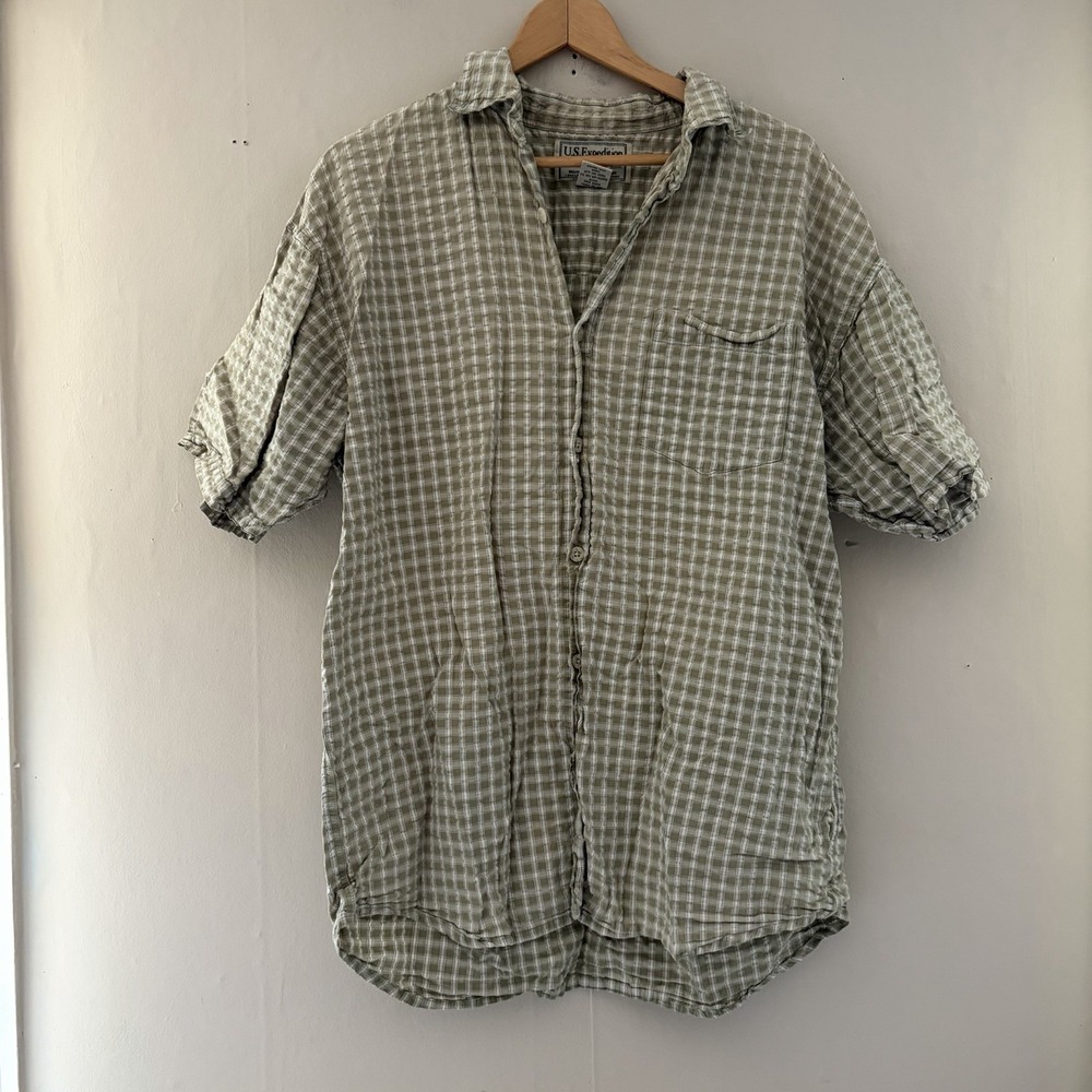 VTG US Expedition Mens Plaid Camp Shirt Size L Seersucker Outdoors Camping